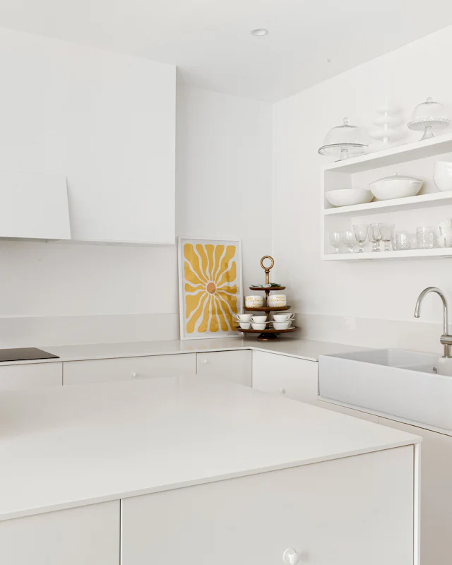 Bright white kitchen with open shelves